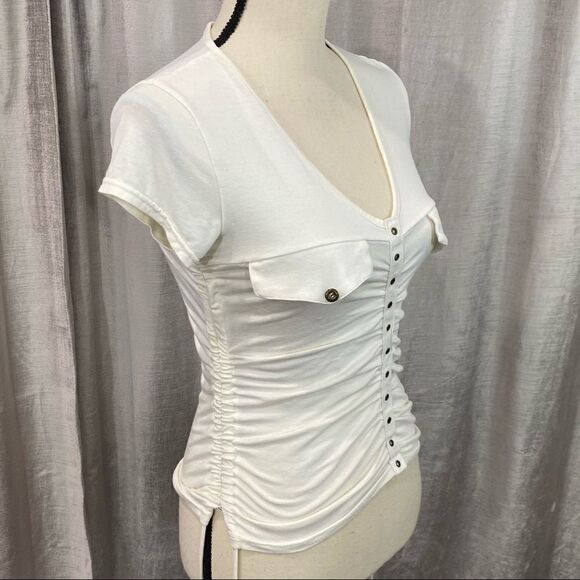 SHARAGANO Ruched Stretchy White Bodycon Button Top - Picture 4 of 7